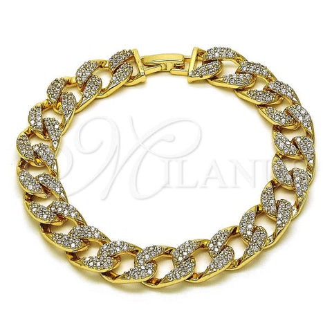 Oro Laminado Fancy Bracelet, Gold Filled Style Curb Design, with White Micro Pave, Polished, Golden Finish, 03.283.0321.08