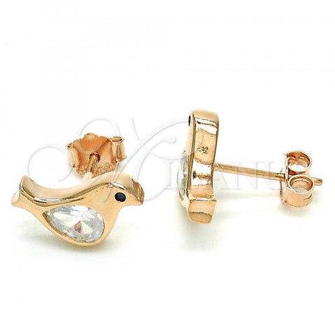 Sterling Silver Stud Earring, Bird Design, with White and Black Cubic Zirconia, Polished, Rose Gold Finish, 02.336.0021.1