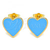 Oro Laminado Stud Earring, Gold Filled Style Heart Design, Blue Enamel Finish, Golden Finish, 02.213.0218.1