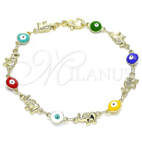 Oro Laminado Fancy Bracelet, Gold Filled Style Evil Eye and Elephant Design, Multicolor Enamel Finish, Golden Finish, 03.351.0107.2.07