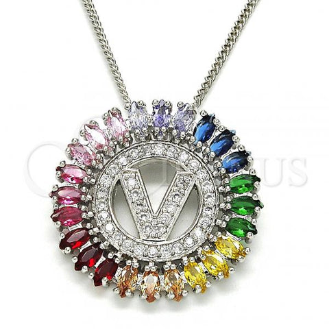 Rhodium Plated Pendant Necklace, Initials Design, with Multicolor Cubic Zirconia, Polished, Rhodium Finish, 04.210.0023.3.20