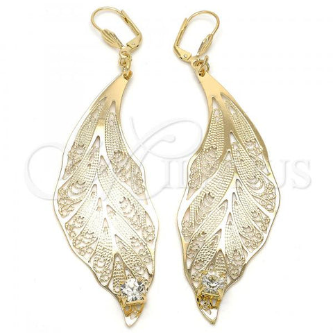 Oro Laminado Dangle Earring, Gold Filled Style Leaf Design, with White Crystal, Polished, Golden Finish, 77.001