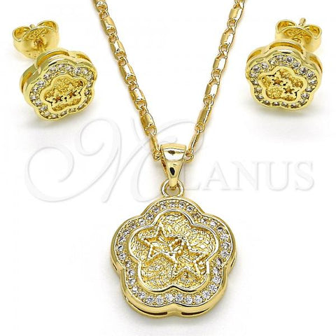 Oro Laminado Earring and Pendant Adult Set, Gold Filled Style Flower and Star Design, with White Cubic Zirconia, Polished, Golden Finish, 10.156.0154