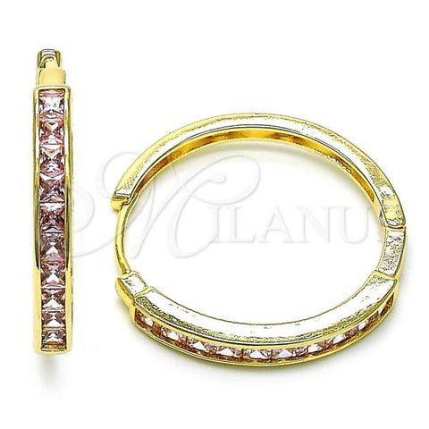 Oro Laminado Huggie Hoop, Gold Filled Style Baguette Design, with Pink Cubic Zirconia, Polished, Golden Finish, 02.210.0106.16.35
