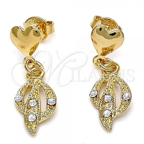 Oro Laminado Dangle Earring, Gold Filled Style Heart Design, with White Crystal, Polished, Golden Finish, 02.63.2489