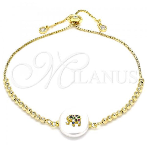 Oro Laminado Adjustable Bolo Bracelet, Gold Filled Style Elephant Design, with White Cubic Zirconia, Polished, Golden Finish, 03.63.2109.10