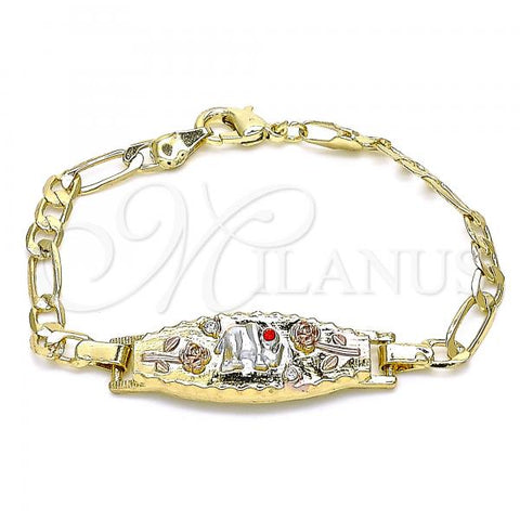 Oro Laminado Fancy Bracelet, Gold Filled Style Elephant and Flower Design, with White and Garnet Crystal, Polished, Tricolor, 03.351.0130.06