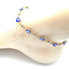 Oro Laminado Fancy Anklet, Gold Filled Style Evil Eye and Heart Design, Blue Enamel Finish, Golden Finish, 03.213.0037.2.10
