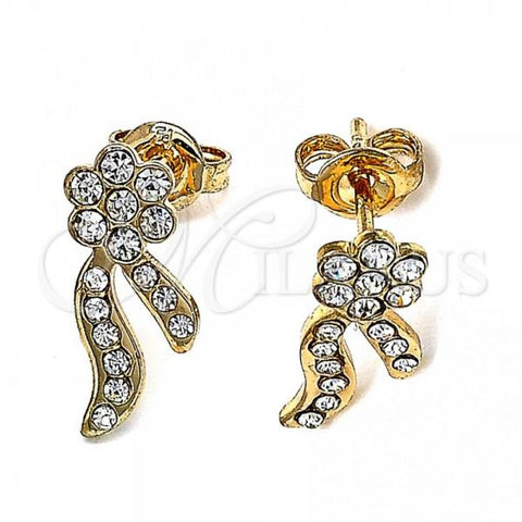 Oro Laminado Stud Earring, Gold Filled Style Flower Design, with White Crystal, Polished, Golden Finish, 02.59.0101