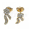 Oro Laminado Stud Earring, Gold Filled Style Flower Design, with White Crystal, Polished, Golden Finish, 02.59.0101