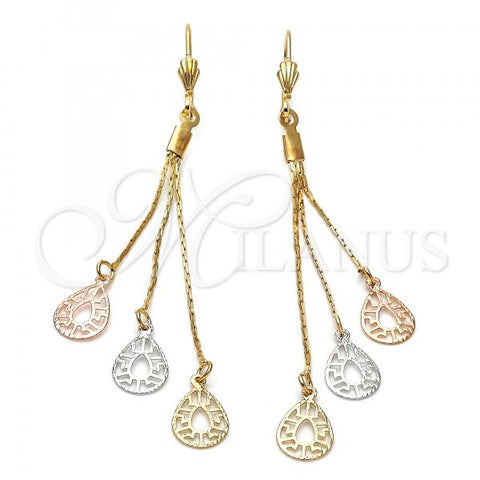 Oro Laminado Long Earring, Gold Filled Style Teardrop Design, Matte Finish, Tricolor, 5.088.011