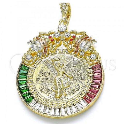 Oro Laminado Religious Pendant, Gold Filled Style Centenario Coin and Scorpion Design, with Multicolor Crystal, Polished, Tricolor, 05.351.0151.1