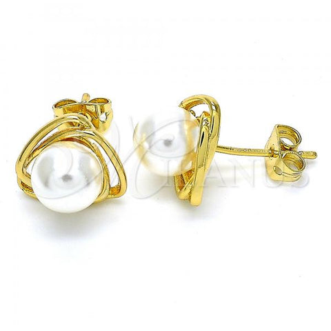 Oro Laminado Stud Earring, Gold Filled Style Ball Design, with Ivory Pearl, Polished, Golden Finish, 02.342.0052