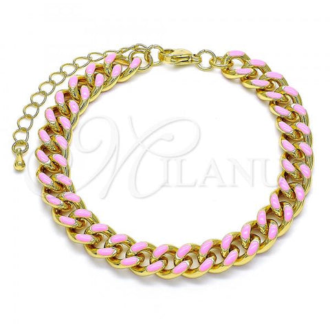 Oro Laminado Basic Bracelet, Gold Filled Style Miami Cuban Design, Pink Enamel Finish, Golden Finish, 03.341.0075.1.07