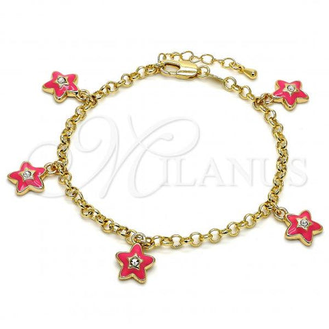 Oro Laminado Charm Bracelet, Gold Filled Style Star and Rolo Design, with White Crystal, Pink Enamel Finish, Golden Finish, 03.63.1358.07