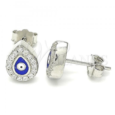 Sterling Silver Stud Earring, Hand of God and Evil Eye Design, with White Cubic Zirconia, Blue Enamel Finish, Rhodium Finish, 02.336.0156