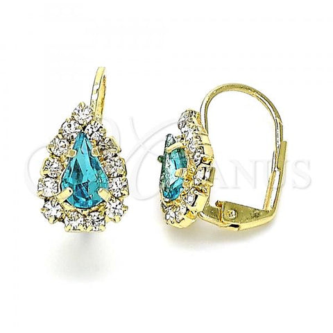 Oro Laminado Leverback Earring, Gold Filled Style Teardrop Design, with Blue Topaz and White Crystal, Polished, Golden Finish, 5.125.012.9