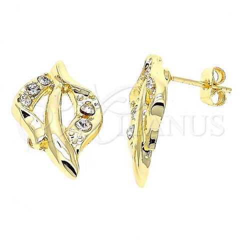 Oro Laminado Stud Earring, Gold Filled Style Leaf Design, with White Crystal, Polished, Golden Finish, 02.59.0028 *PROMO*