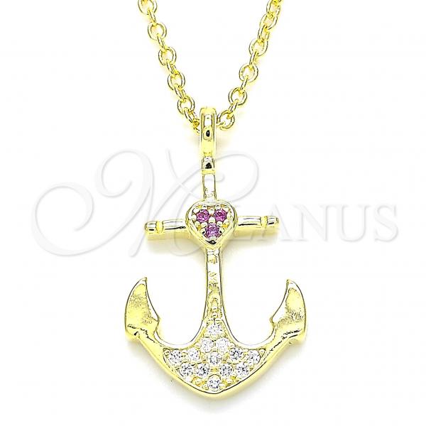 Sterling Silver Pendant Necklace, Anchor and Heart Design, with Ruby and White Micro Pave, Polished, Golden Finish, 04.336.0187.2.16