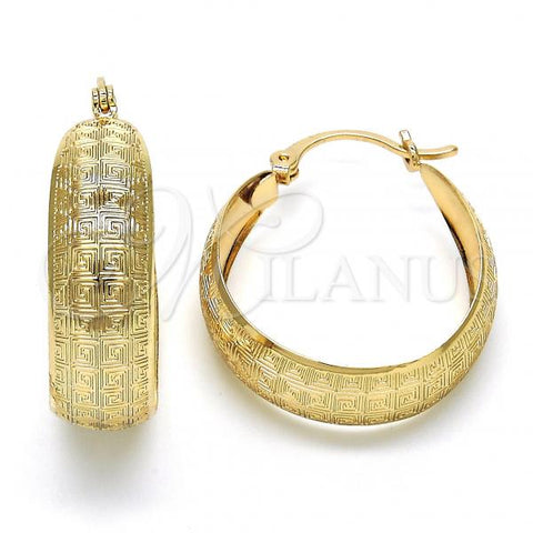 Oro Laminado Medium Hoop, Gold Filled Style Greek Key Design, Polished, Golden Finish, 02.106.0003.30