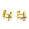 Oro Laminado Earcuff Earring, Gold Filled Style Cross Design, with White Micro Pave, Polished, Golden Finish, 02.210.0676