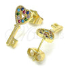 Oro Laminado Stud Earring, Gold Filled Style key and Heart Design, with Multicolor Micro Pave, Polished, Golden Finish, 02.210.0407.1