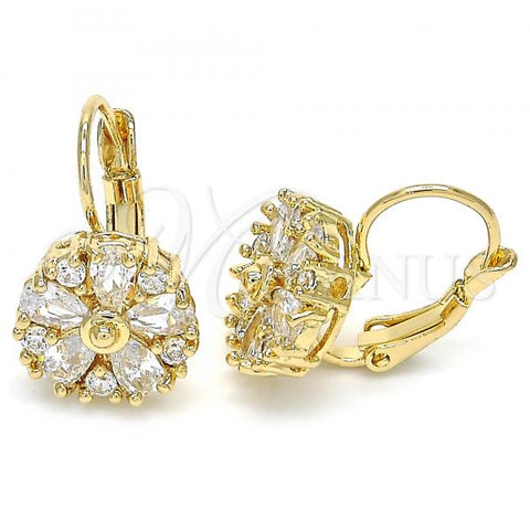 Oro Laminado Leverback Earring, Gold Filled Style Flower Design, with White Cubic Zirconia, Polished, Golden Finish, 02.210.0227