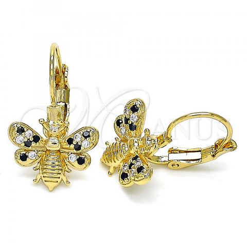 Oro Laminado Leverback Earring, Gold Filled Style Bee Design, with Black and White Micro Pave, Polished, Golden Finish, 02.210.0378.2