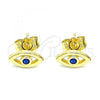 Oro Laminado Stud Earring, Gold Filled Style Evil Eye Design, with Sapphire Blue Cubic Zirconia, Polished, Golden Finish, 02.156.0605