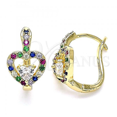 Oro Laminado Huggie Hoop, Gold Filled Style Heart Design, with Multicolor Cubic Zirconia, Polished, Golden Finish, 02.210.0617.1.15