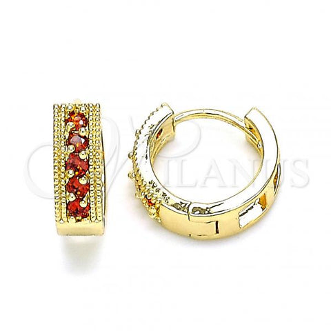 Oro Laminado Huggie Hoop, Gold Filled Style with Garnet Cubic Zirconia, Polished, Golden Finish, 02.210.0635.1.15