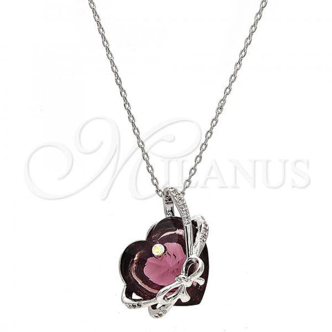 Rhodium Plated Pendant Necklace, Heart Design, with Amethyst Swarovski Crystals and White Micro Pave, Polished, Rhodium Finish, 04.239.0001.1.16