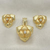Oro Laminado Earring and Pendant Adult Set, Gold Filled Style Flower Design, with White Crystal, Matte Finish, Golden Finish, 10.59.0155