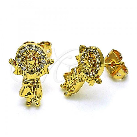 Oro Laminado Stud Earring, Gold Filled Style Divino Niño Design, with White Micro Pave, Polished, Golden Finish, 02.342.0218