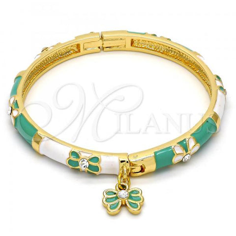 Oro Laminado Individual Bangle, Gold Filled Style Butterfly Design, with White Crystal, Green Enamel Finish, Golden Finish, 07.254.0001.2.03 (06 MM Thickness, Size 3 - 2.00 Diameter)