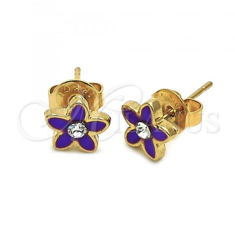 Oro Laminado Stud Earring, Gold Filled Style Flower Design, with White Crystal, Purple Enamel Finish, Golden Finish, 02.64.0322 *PROMO*