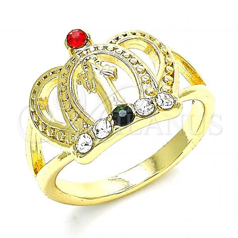 Oro Laminado Multi Stone Ring, Gold Filled Style San Benito and Crown Design, with Multicolor Crystal, Polished, Golden Finish, 01.253.0026.08 (Size 8)