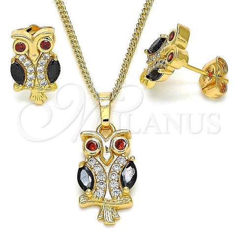 Oro Laminado Earring and Pendant Adult Set, Gold Filled Style Owl Design, with Black and Garnet Cubic Zirconia, Polished, Golden Finish, 10.210.0123.1