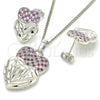 Rhodium Plated Earring and Pendant Adult Set, Heart Design, with Ruby and White Cubic Zirconia, Diamond Cutting Finish, Rhodium Finish, 10.233.0040.6