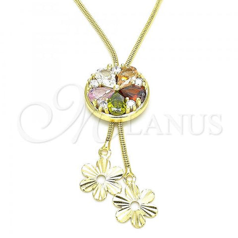 Oro Laminado Fancy Necklace, Gold Filled Style Flower Design, with Multicolor Cubic Zirconia, Polished, Golden Finish, 04.347.0005.20