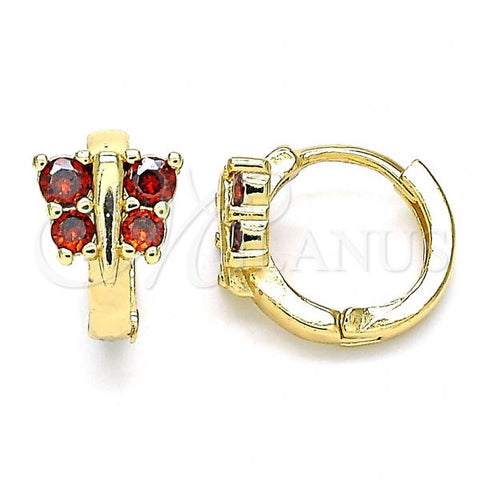 Oro Laminado Huggie Hoop, Gold Filled Style Butterfly Design, with Garnet Cubic Zirconia, Polished, Golden Finish, 02.284.0040.1.12