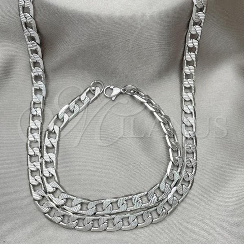 Stainless Steel Necklace and Bracelet, Pave Cuban Design, Diamond Cutting Finish,, 06.278.0004