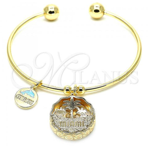 Oro Laminado Individual Bangle, Gold Filled Style Tree and Dolphin Design, with White Cubic Zirconia, Diamond Cutting Finish, Golden Finish, 07.106.0002 (02 MM Thickness, One size fits all)