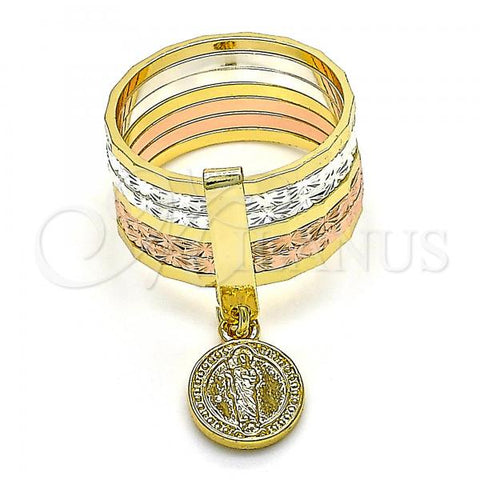 Oro Laminado Elegant Ring, Gold Filled Style Semanario and San Judas Design, Diamond Cutting Finish, Tricolor, 01.253.0037.06 (Size 6)
