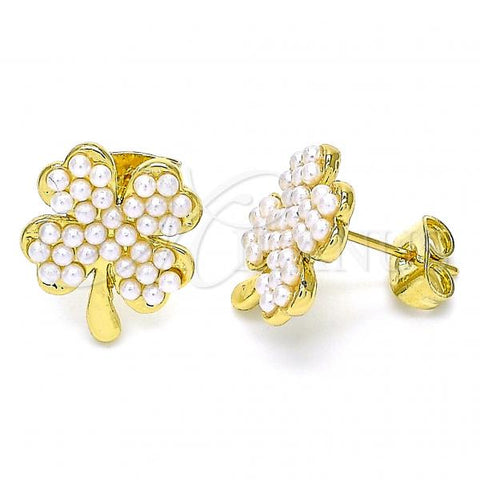 Oro Laminado Stud Earring, Gold Filled Style Four-leaf Clover Design, with Ivory Pearl, Polished, Golden Finish, 02.379.0001