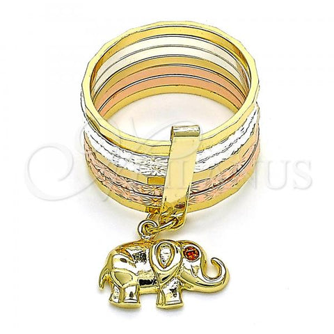 Oro Laminado Multi Stone Ring, Gold Filled Style Semanario and Elephant Design, with Garnet Cubic Zirconia, Diamond Cutting Finish, Tricolor, 01.253.0032.06 (Size 6)