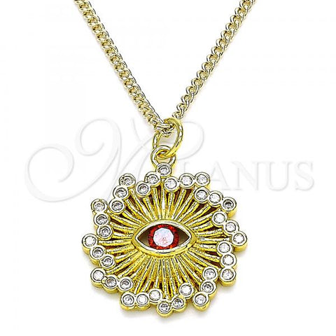 Oro Laminado Pendant Necklace, Gold Filled Style Evil Eye Design, with White Micro Pave and Garnet Cubic Zirconia, Polished, Golden Finish, 04.313.0049.1.20