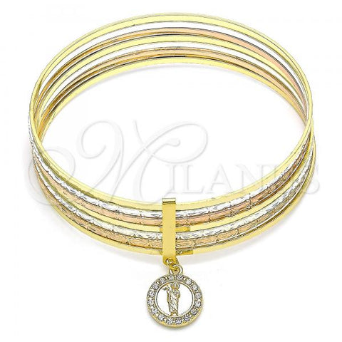 Oro Laminado Semanario Bangle, Gold Filled Style San Judas Design, with White Crystal, Diamond Cutting Finish, Tricolor, 07.253.0006.05