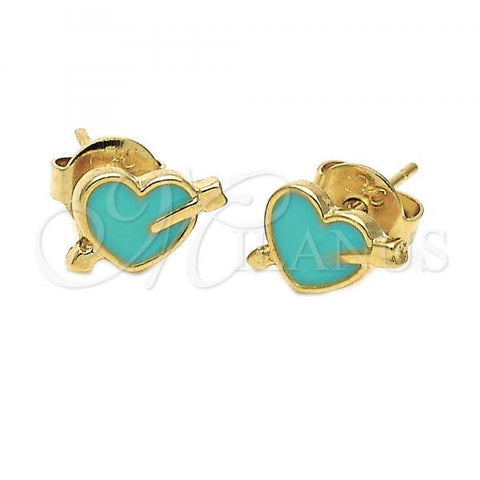 Oro Laminado Stud Earring, Gold Filled Style Heart Design, Turquoise Enamel Finish, Golden Finish, 02.64.0282 *PROMO*