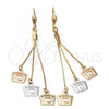 Oro Laminado Long Earring, Gold Filled Style Greek Key Design, Diamond Cutting Finish, Tricolor, 5.098.008